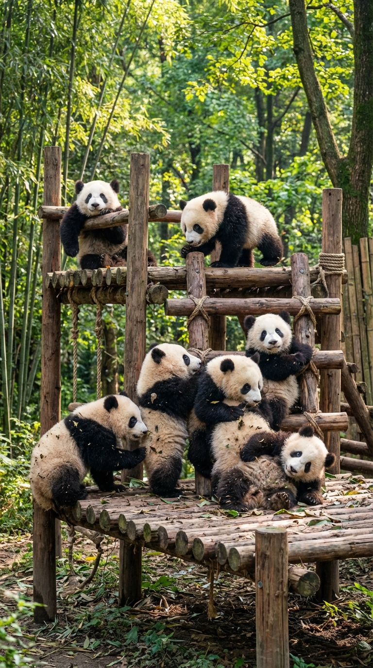 Baby pandas playing at Chengdu Research Base