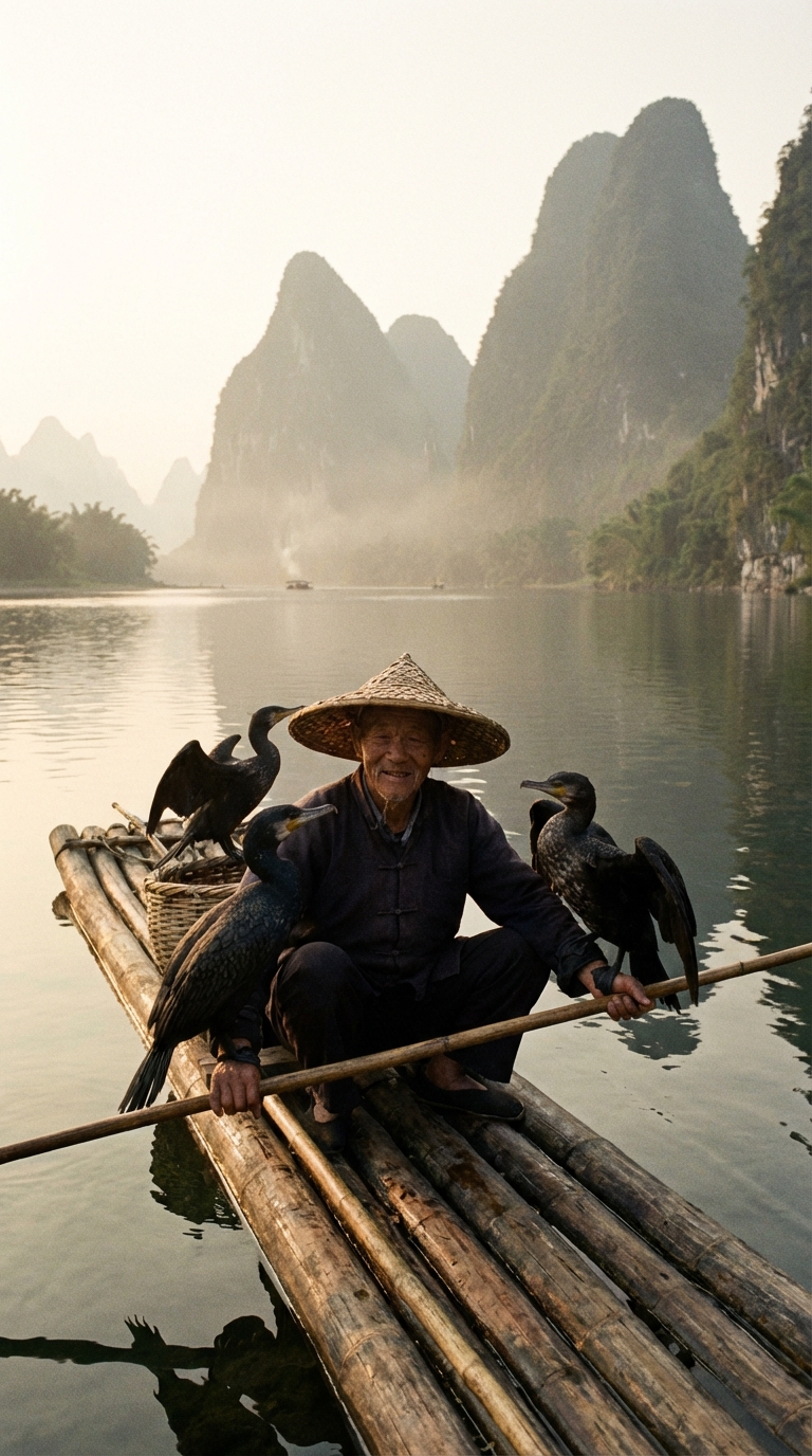 Bamboo Raft with Cormorant Fisherman (Traditional Life)