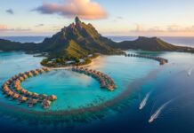 Bora Bora overwater bungalows and lagoon French Polynesia