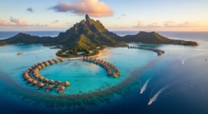 Bora Bora overwater bungalows and lagoon French Polynesia