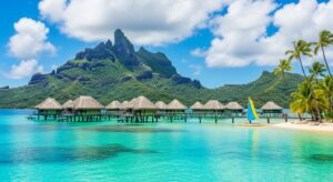 Bora Bora overwater bungalows and lagoon French Polynesia
