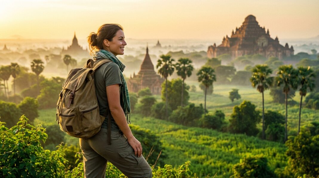 Solo backpacker overlooking a misty valley in Southeast Asia at sunrise - Budget travel guide 2026