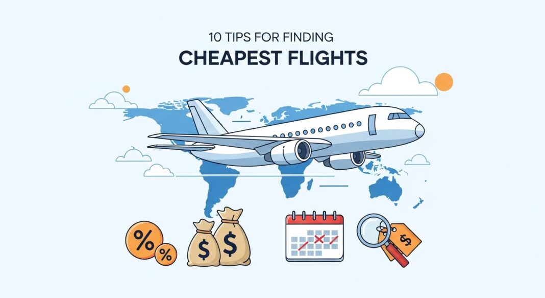 A stylized visualization of hacks to find the cheapest flight tickets on a world map with money and calendar icons.