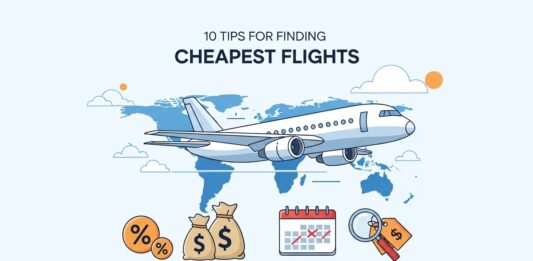 How to Finding the Cheapest Flight Tickets in 2026 A stylized visualization of hacks to find the cheapest flight tickets on a world map with money and calendar icons.